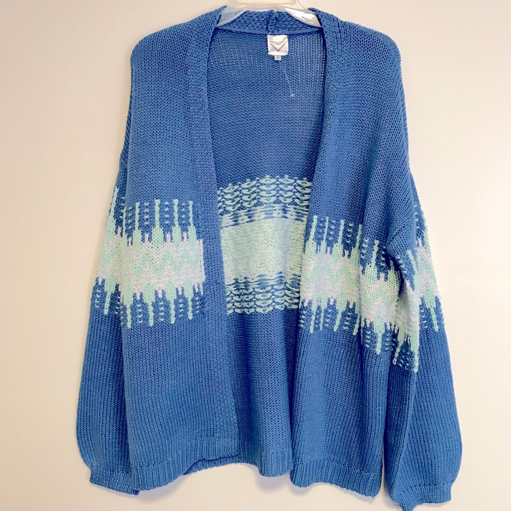Blue Teal and White Open Front Knit Freshman 1996 Cardigan (Women’s Size Medium)